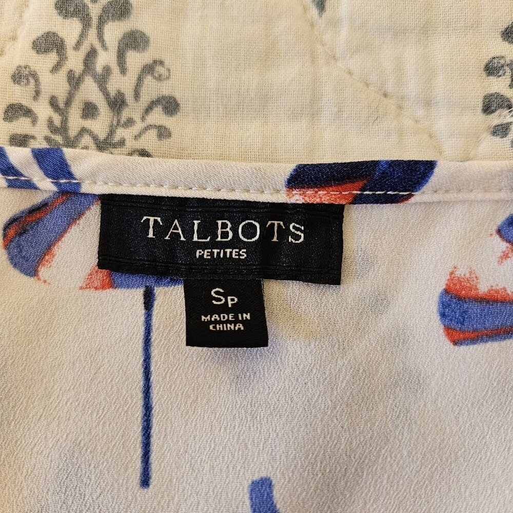 Talbots Petites Beach Umbrella Print V-Neck Blouse SP Red White Blue Nautical - Picture 6 of 13